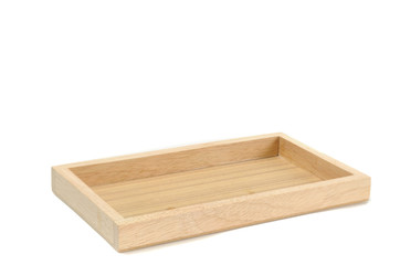 Empty wooden tray isolated on white background.  Kitchen ware for contain something.