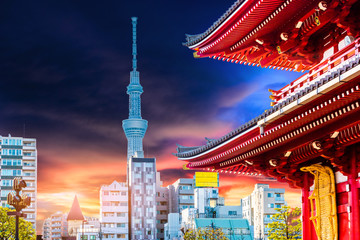 Twilight at Sensoji Temple gate and Skytree Tower in Tokyo, Japan.