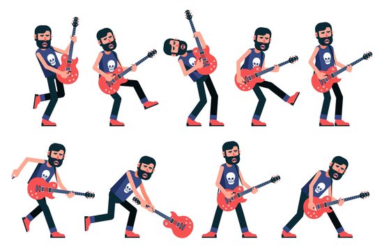 Rock musician with a beard playing an electric guitar. A set of emotional postures. Vector character.