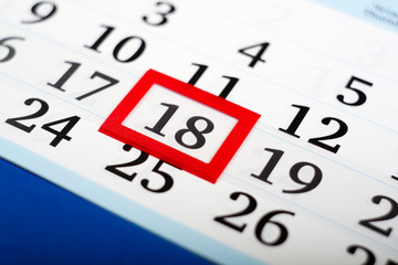 red frame on Calendar Closeup. Blurred background.