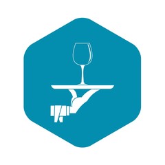 Waiter hand holding tray with wine glass icon. Simple illustration of waiter hand holding tray with wine glass vector icon for web