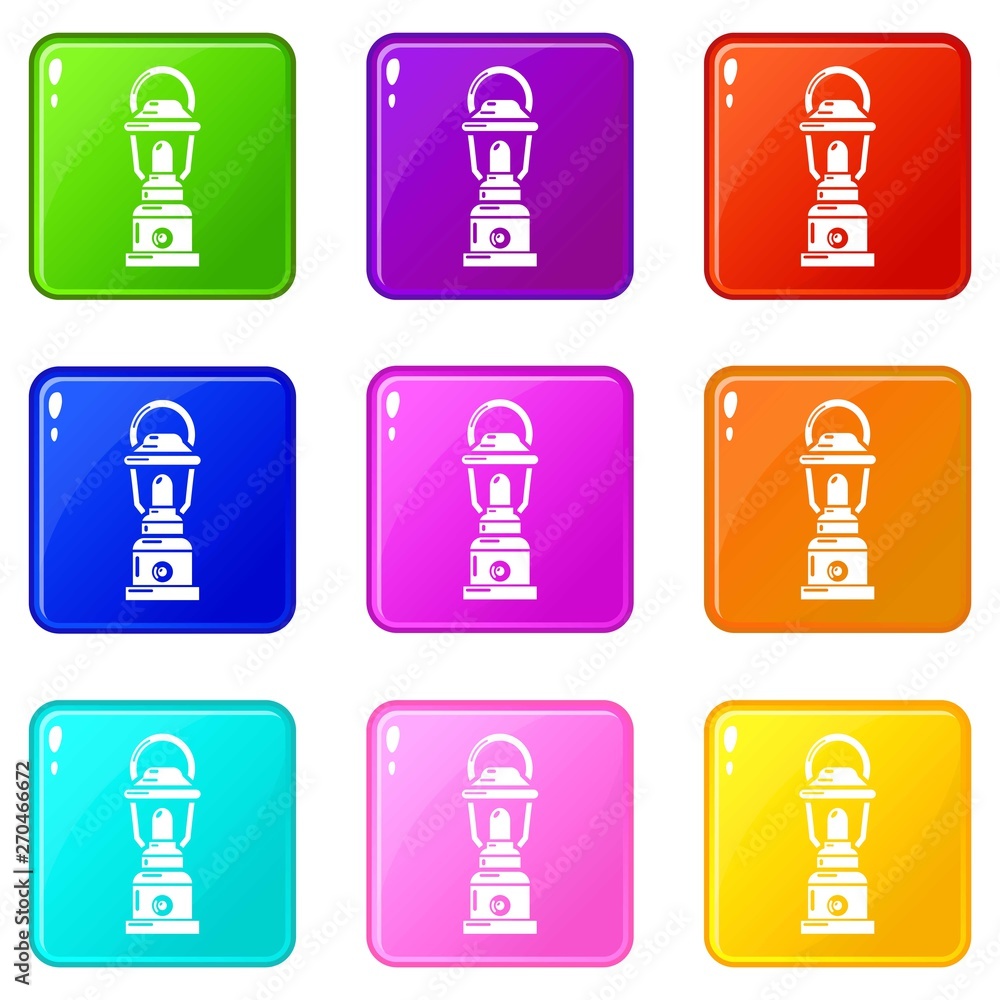 Poster kerosene lamp icons set 9 color collection isolated on white for any design