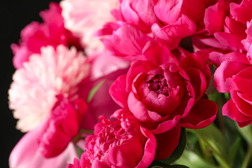 Bouquet of beautiful pink peonies against dark background, space for text