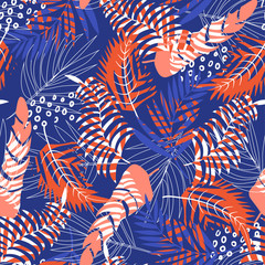 Fototapeta na wymiar Bright seamless pattern with tropical plants on blue background. Vector design. Jungle print. Textiles and printing.