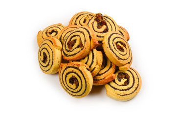 Baked cookies with raisins and poppy seeds isolated on white background.