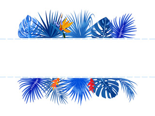 Fototapeta na wymiar Vector tropical jungle frame with blue palm trees, flowers and leaves on white background