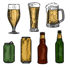 Vector hand drawn set of colorful cans, bottles and glasses of beers in the engraving style on white background.
