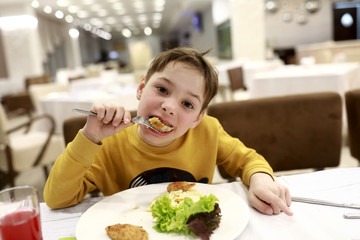 Boy eating chicken cutlet