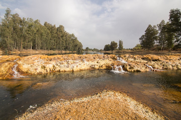 Roman bridge and Rio Tinto in Niebla village Huelva province Andalusia Spain