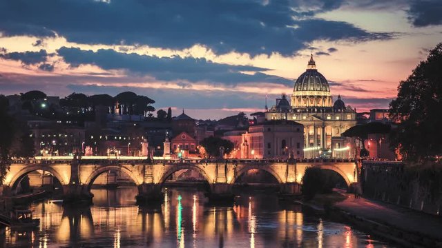 hyper lapse of St. Peter's Basilica, Sant Angelo Bridge, Vatican, Rome, Italy