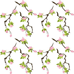 Simple floral seamless pattern. Pink flowers with green leaves on brown branches. cherry, sakura. Elegant template for fashion prints. Vector