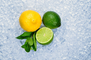 Lemon, lime and mint on ice.