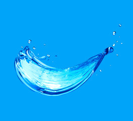 Spray of fresh water closeup on blue background