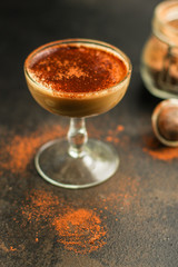 chocolate and coffee dessert (a portion of sweet food) jelly mousse. food background. top