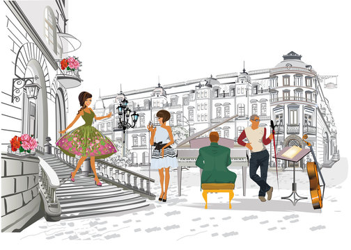 Series of colorful retro street views with fashion people in the old city. Hand drawn vector architectural background with historic buildings. Street musicians.