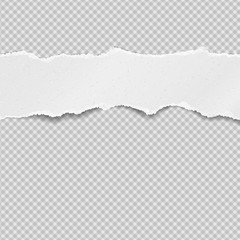 Piece of torn, ripped grainy white paper strip with soft shadow is on squared background. Vector template illustration