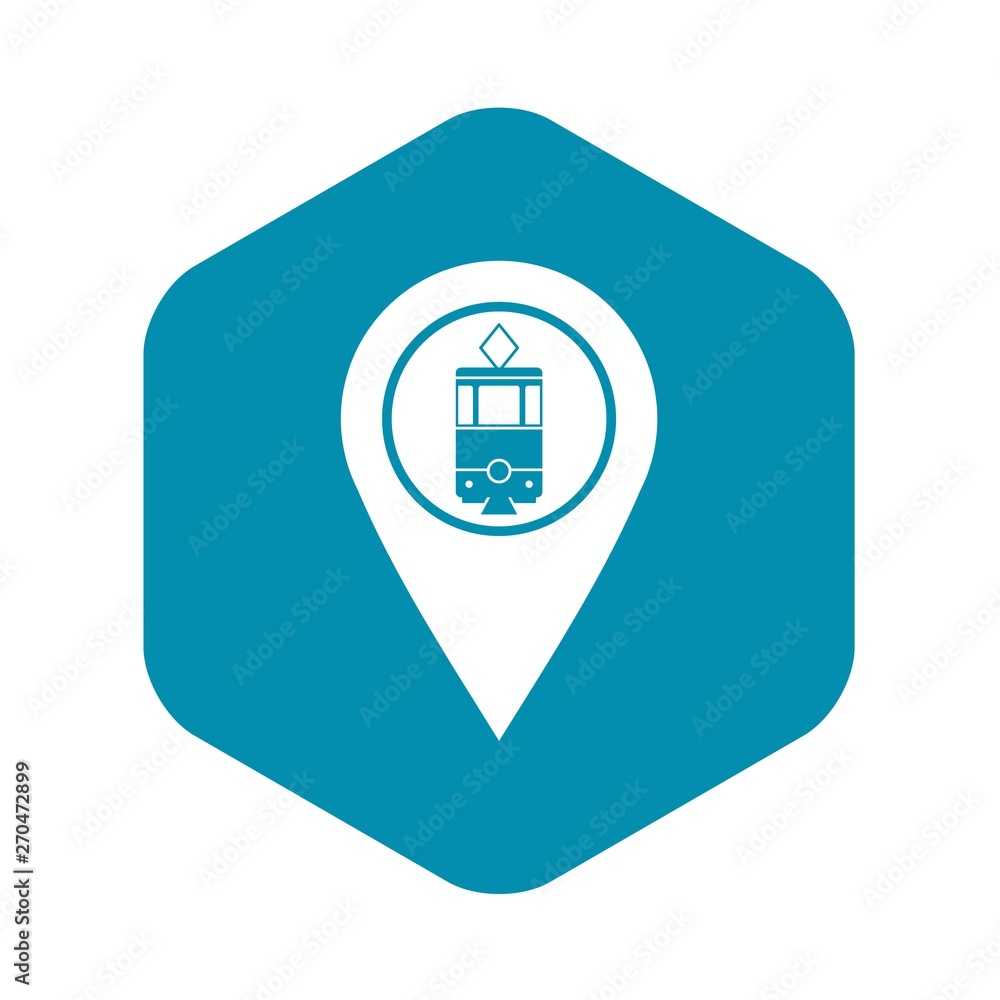 Poster geo tag with tram sign icon. simple illustration of geo tag with tram sign vector icon for web