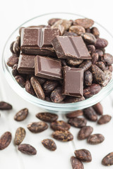 Dark chocolate bar and cocoa beans.