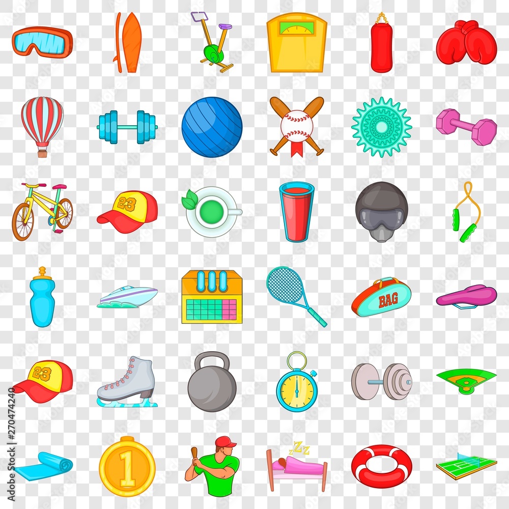 Poster treadmill icons set. cartoon style of 36 treadmill vector icons for web for any design