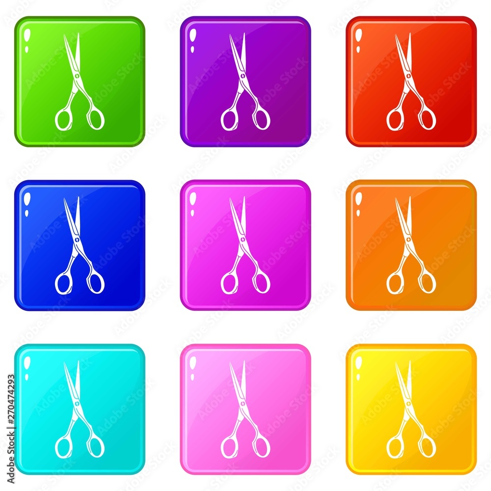 Poster sharp scissors icons set 9 color collection isolated on white for any design