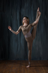 Slender young woman gymnast shows acrobatics, sports exercises and leg kicks. Fitness trainer stretching for twine