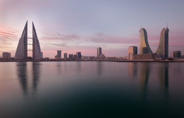 Fototapeta na wymiar Bahrain Skyline during sunrise, a view from Bahrain bay