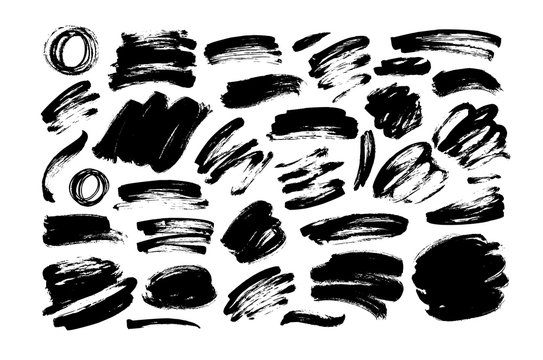 Black dry brushstrokes hand drawn set. Grunge smears collection with curled lines.