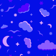 seamless pattern clouds, month, stars, birds, night, blue colors