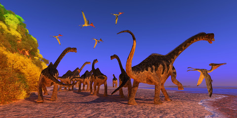 Europasaurus Dinosaur Beach - A Pterodactylus reptile flies too close to a Europasaurus dinosaur herd walking down a beach during the Jurassic Period. © Catmando