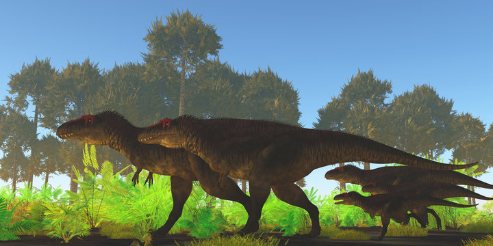 Tyrannotitan Dinosaurs Hunting - A pack of Tyrannotitan dinosaurs including juveniles go on the hunt for prey during the Cretaceous Period of Argentina. 