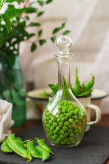 green peas (fresh, organic vegetables) vitamins. food background. top