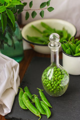 green peas (fresh, organic vegetables) vitamins. food background. top