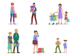 Fototapeta premium Happy shoppers flat vector characters set