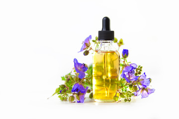 Obraz na płótnie Canvas meadow geranium essential oil in beautiful bottle on White background