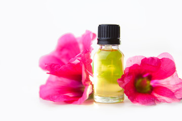 Obraz na płótnie Canvas mallow essential oil in beautiful bottle on White background