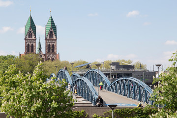 Freiburg , Herz-Jesu Kirche and bridge over the railway station on April 20, 2017, Schwarzwald, Deutschland