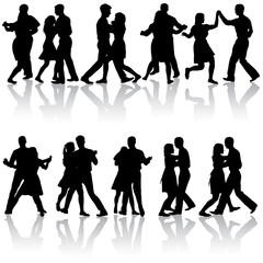 Black set silhouettes dancing man and woman on white background