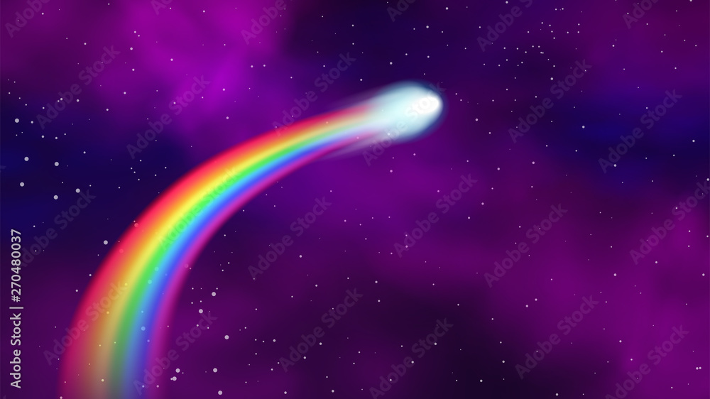 Wall mural comet with rainbow tail on outer space. vector illustration.