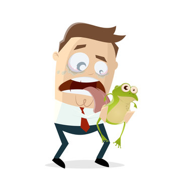 funny cartoon businessman is licking a frog