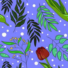 Vector seamless pattern with flowers and leaf on blue background. Doodle style. Wallpaper and fabric design. Good for printing.