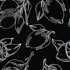Vector seamless pattern with contour white lemons on black background. Doodle style. Wallpaper and fabric design. Good for printing.