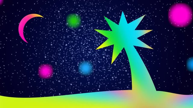 Cartoon night landscape - bright colorful palm tree on the background of the starry sky and the moon. Flashing heavenly bodies. Video art saver.
