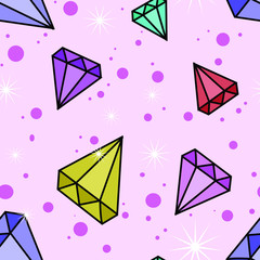 Vector seamless pattern with diamonds and crystals on pink background. Doodle style. Wallpaper and fabric design. Good for printing.