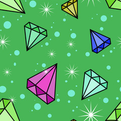 Vector seamless pattern with diamonds and crystals on green background. Doodle style. Wallpaper and fabric design. Good for printing.