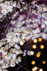 Wedding ceremony decorations in loft grunge surround. Light bulb garland, candles, glass, chairs and candlesticks. Ceremony in purple color. Exit registration inside.