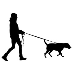 Silhouette of woman and dog on a white background