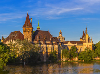 Vajdahunyad castle located near a pond in a picturesque place