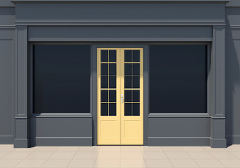 Fototapeta na wymiar Classic black shopfront with yellow door and large windows. Small business dark store facade
