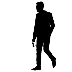 Black silhouette of a walking man with glasses in hand on a white background