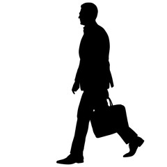 Black silhouette of a walking man with a briefcase on a white background